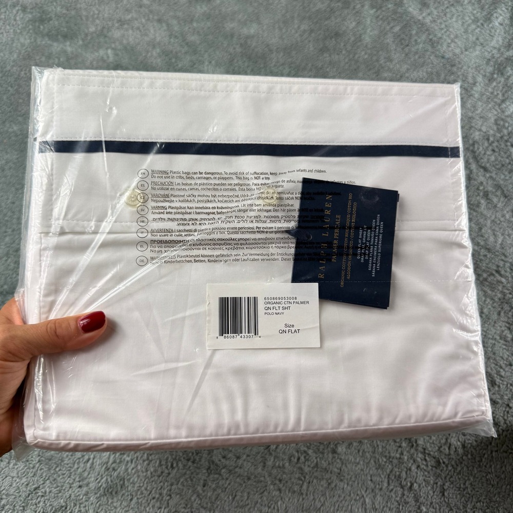 Ralph Lauren Palmer Percale Organic Cotton Queen Flat Sheet Polo Navy